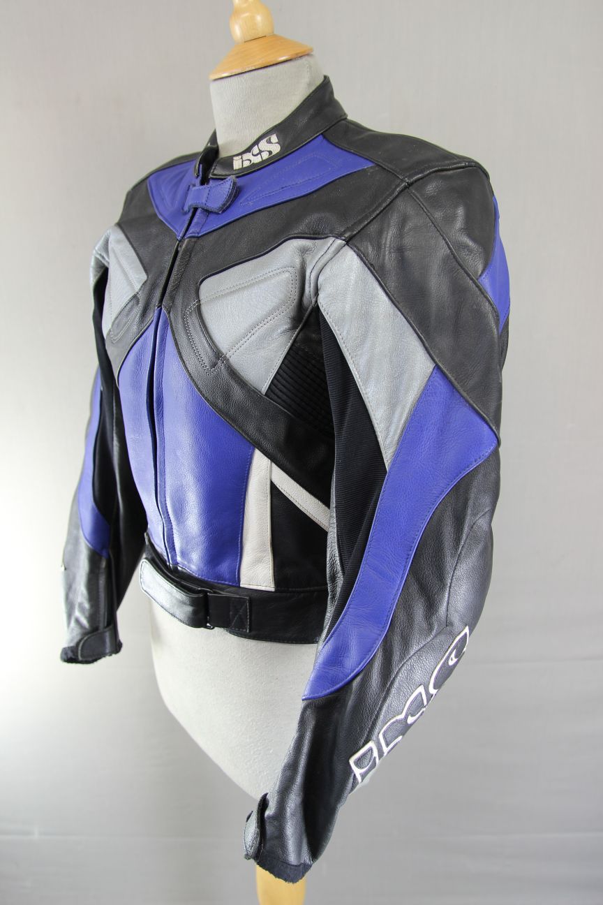 IXS BLACK, BLUE, SILVER & WHITE LEATHER BIKER JACKET WITH CE ARMOUR 32-34 INCH