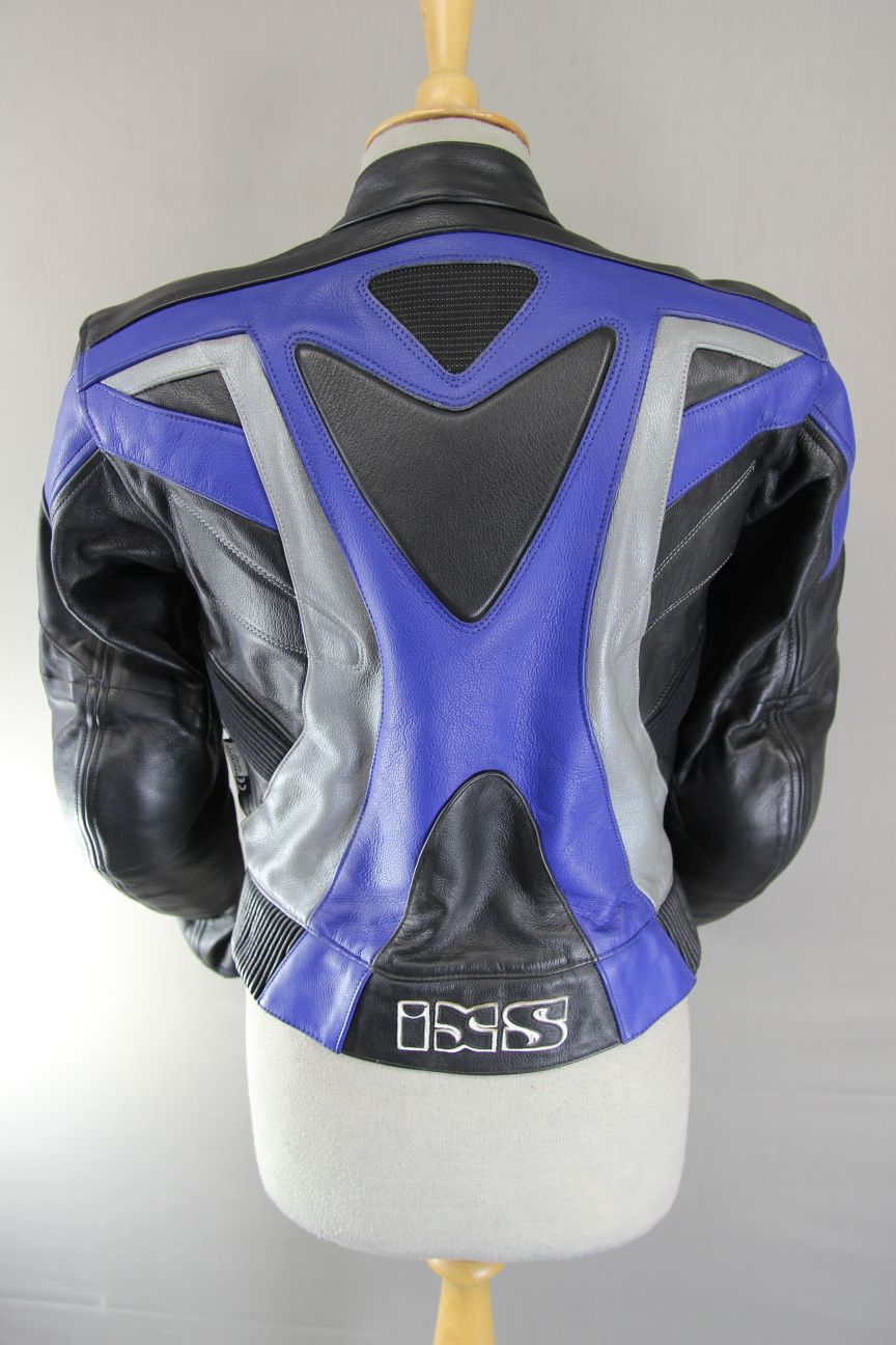 IXS BLACK, BLUE, SILVER & WHITE LEATHER BIKER JACKET WITH CE ARMOUR 32-34 INCH