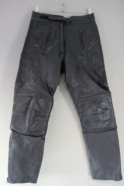AKITO BLACK LEATHER BIKER TROUSERS: SIZE 14 WAIST 32 INCHES/INSIDE LEG 28 INCHES