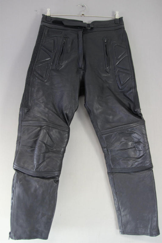 AKITO BLACK LEATHER BIKER TROUSERS: SIZE 14 WAIST 32 INCHES/INSIDE LEG 28 INCHES