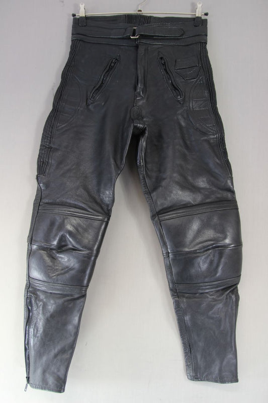 AKITO MERCURY PLUS BLACK LEATHER BIKER TROUSERS: SIZE 14/WAIST 30 IN/LEG 28 IN