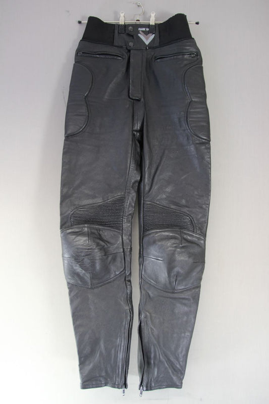 FRANK THOMAS BLACK LEATHER BIKER TROUSERS: WAIST 28"/INSIDE LEG 32" (LONG FIT)