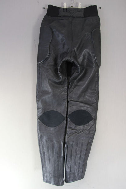 FRANK THOMAS BLACK LEATHER BIKER TROUSERS: WAIST 28"/INSIDE LEG 32" (LONG FIT)
