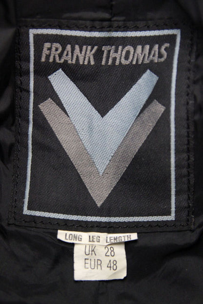 FRANK THOMAS BLACK LEATHER BIKER TROUSERS: WAIST 28"/INSIDE LEG 32" (LONG FIT)