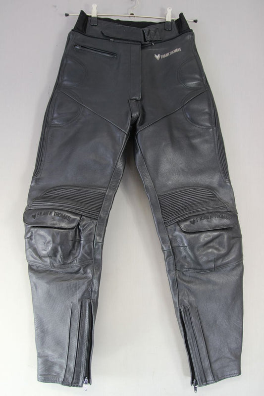 FRANK THOMAS BLACK LEATHER BIKER TROUSERS: SIZE 12/WAIST 28 IN/INSIDE LEG 28 IN