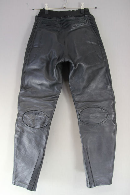 FRANK THOMAS BLACK LEATHER BIKER TROUSERS: SIZE 12/WAIST 28 IN/INSIDE LEG 28 IN