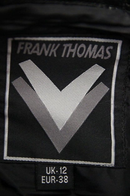 FRANK THOMAS BLACK LEATHER BIKER TROUSERS: SIZE 12/WAIST 28 IN/INSIDE LEG 28 IN
