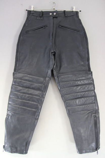 JTS BLACK LEATHER BIKER TROUSERS: SIZE 14 (EXTRA SHORT FIT) WAIST 28"/LEG 26.5"