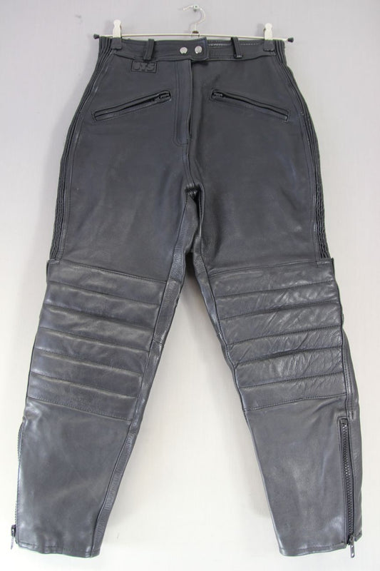 JTS BLACK LEATHER BIKER TROUSERS: SIZE 14 (EXTRA SHORT FIT) WAIST 28"/LEG 26.5"