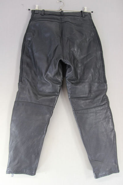 JTS BLACK LEATHER BIKER TROUSERS: SIZE 14 (EXTRA SHORT FIT) WAIST 28"/LEG 26.5"