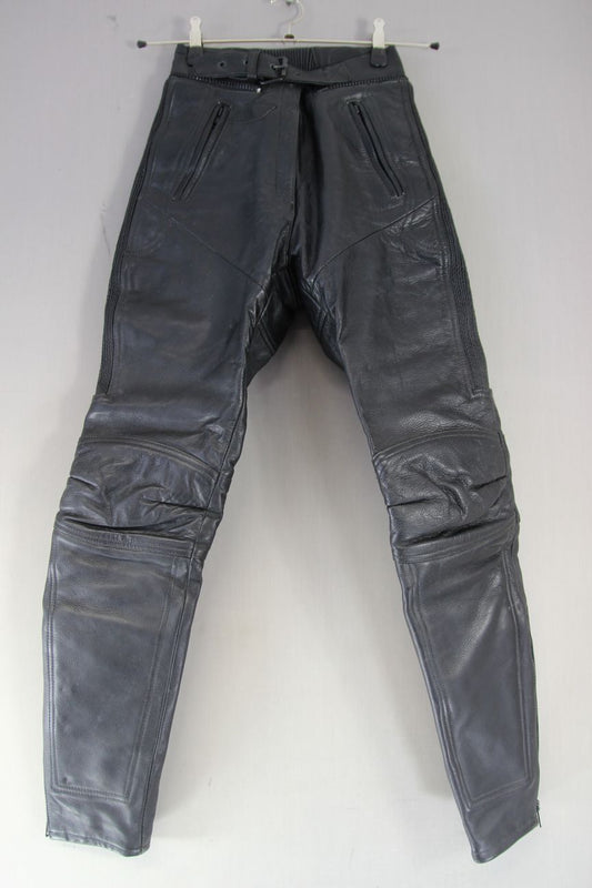 MQP BLACK LEATHER BIKER TROUSERS: SIZE 10 WAIST 24 INCH/INSIDE LEG 30 INCH