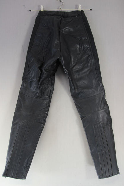 MQP BLACK LEATHER BIKER TROUSERS: SIZE 10 WAIST 24 INCH/INSIDE LEG 30 INCH