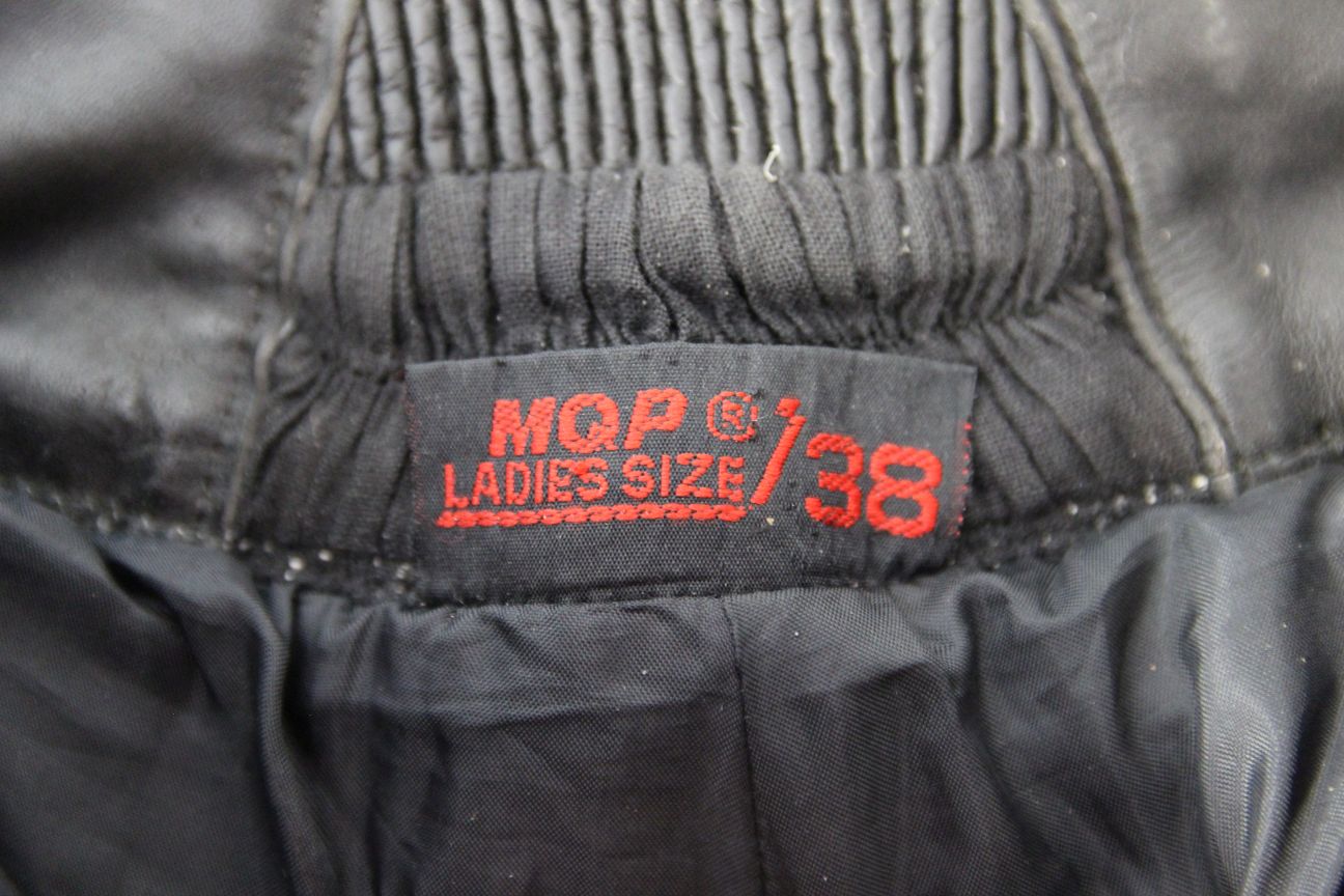MQP BLACK LEATHER BIKER TROUSERS: SIZE 10 WAIST 24 INCH/INSIDE LEG 30 INCH