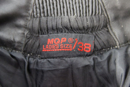 MQP BLACK LEATHER BIKER TROUSERS: SIZE 10 WAIST 24 INCH/INSIDE LEG 30 INCH