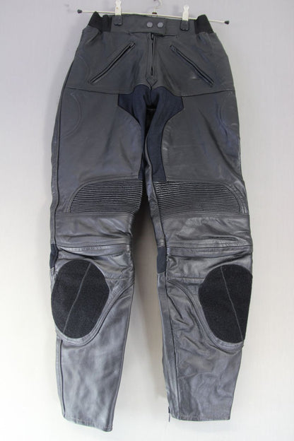 BIKERS GEAR BLACK LEATHER TROUSERS WITH PROTECTORS/SIZE 10/WAIST 28 IN/LEG 31 IN