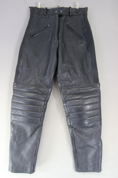 JTS BLACK LEATHER BIKER TROUSERS WITH KNEE ARMOUR: SIZE 14/WAIST 32 IN/LEG 31 IN