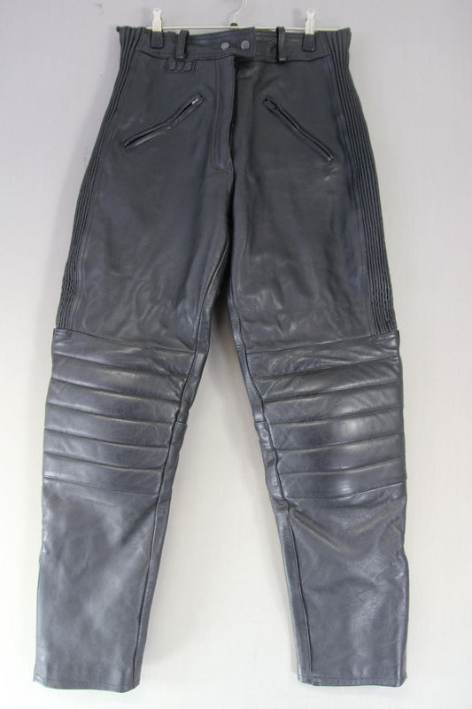 JTS BLACK LEATHER BIKER TROUSERS WITH KNEE ARMOUR: SIZE 14/WAIST 32 IN/LEG 31 IN
