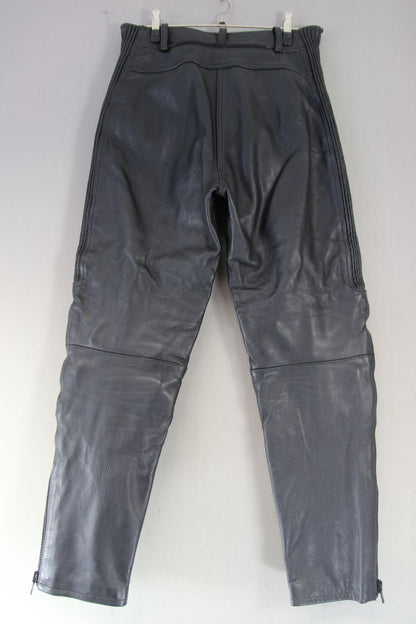 JTS BLACK LEATHER BIKER TROUSERS WITH KNEE ARMOUR: SIZE 14/WAIST 32 IN/LEG 31 IN