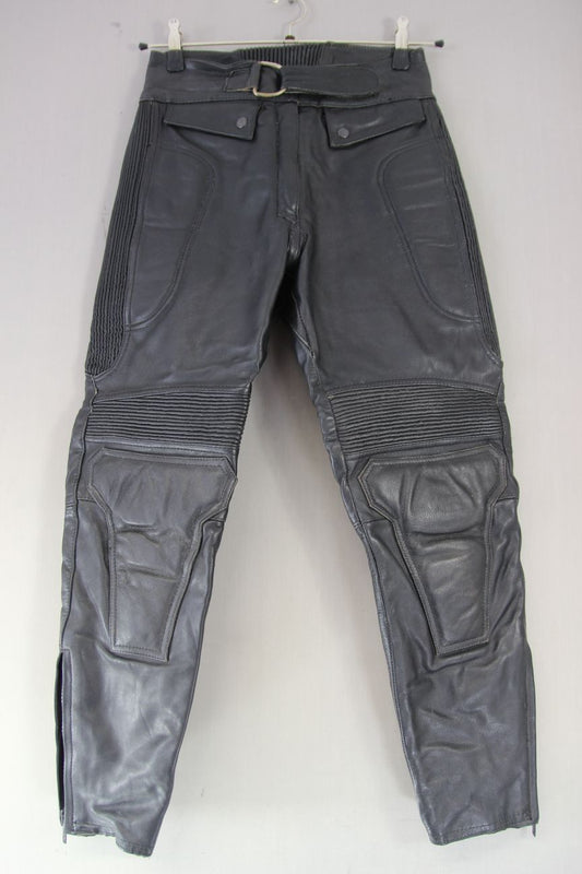 SPORTEX MAXX BLACK LEATHER BIKER TROUSERS: SIZE 14/WAIST 28 IN/INSIDE LEG 27 IN