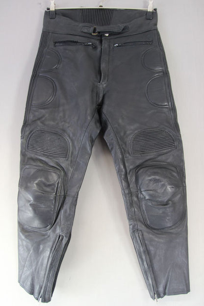 J&S BLACK LEATHER BIKER TROUSERS WAIST 32-34 INCH/INSIDE LEG 27 INCH (SHORT FIT)
