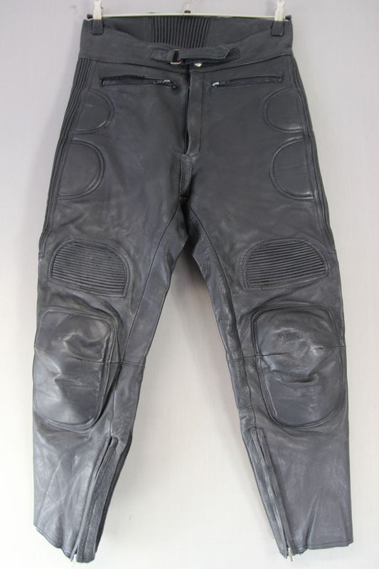 J&S BLACK LEATHER BIKER TROUSERS WAIST 32-34 INCH/INSIDE LEG 27 INCH (SHORT FIT)