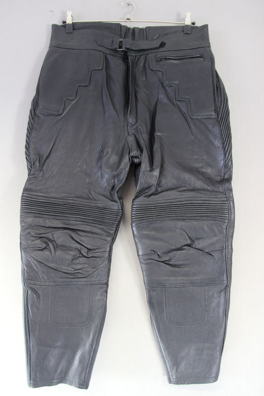 J&S BLACK LEATHER BIKER TROUSERS WAIST 38-40 INCH/INSIDE LEG 25 INCH (SHORT FIT)