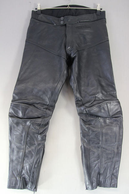 FRANK THOMAS BLACK LEATHER BIKER TROUSERS: WAIST 32-34 INCH/INSIDE LEG 31 INCH
