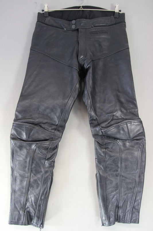 FRANK THOMAS BLACK LEATHER BIKER TROUSERS: WAIST 32-34 INCH/INSIDE LEG 31 INCH
