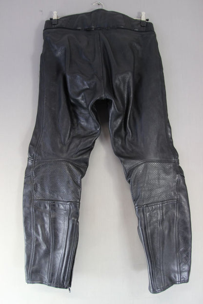 FRANK THOMAS BLACK LEATHER BIKER TROUSERS: WAIST 32-34 INCH/INSIDE LEG 31 INCH