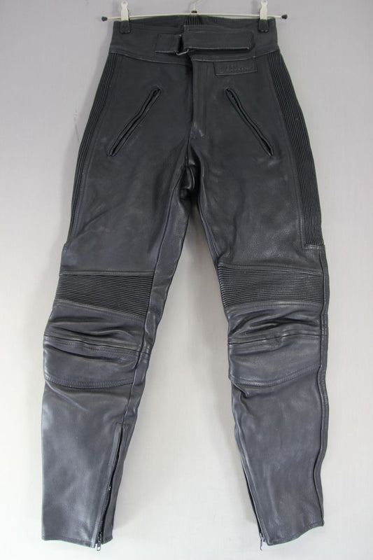 BELSTAFF BLACK LEATHER BIKER TROUSERS: WAIST 28-30 INCH/INSIDE LEG 31 INCH