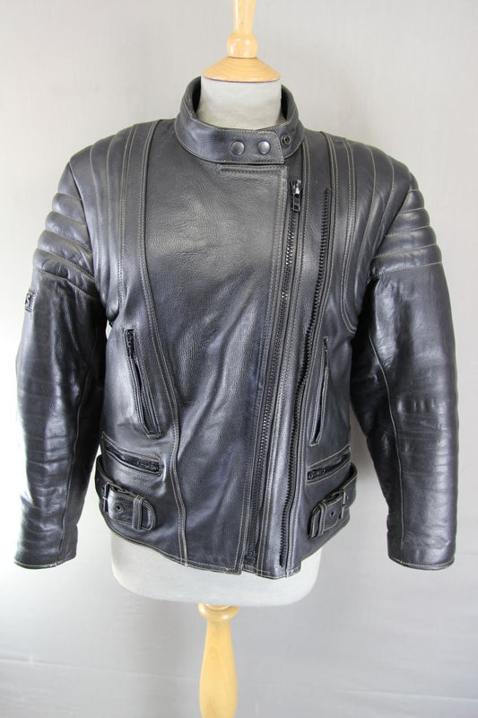 JTS BLACK LEATHER BIKER JACKET WITH REMOVABLE PROTECTORS 36-38 INCH