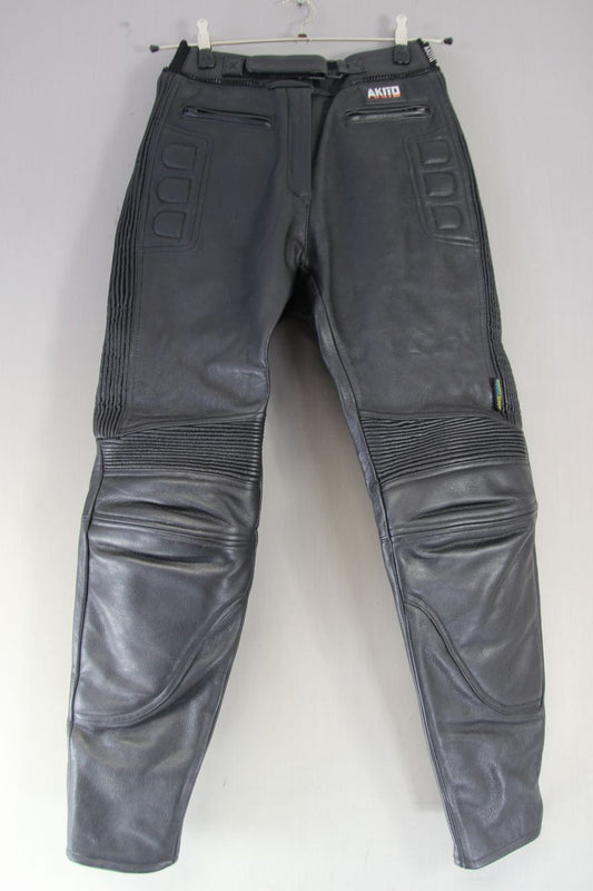 AKITO BLACK LEATHER BIKER TROUSERS + KNEE CE ARMOUR: SIZE 12 WAIST 28IN/LEG 29IN