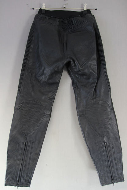 AKITO BLACK LEATHER BIKER TROUSERS + KNEE CE ARMOUR: SIZE 12 WAIST 28IN/LEG 29IN