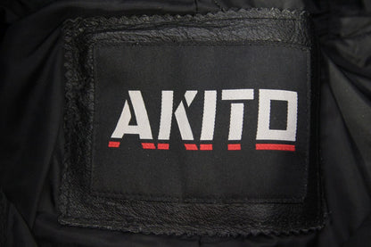 AKITO BLACK LEATHER BIKER TROUSERS + KNEE CE ARMOUR: SIZE 12 WAIST 28IN/LEG 29IN