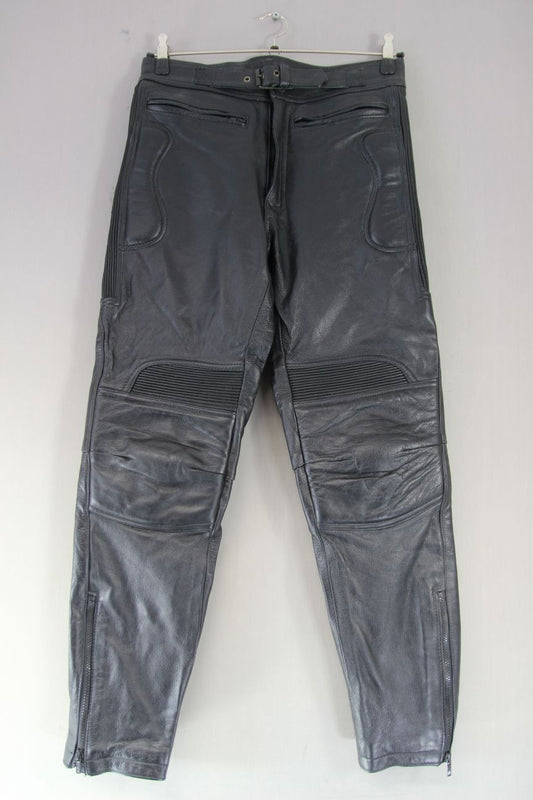 SKIN BLACK COWHIDE LEATHER BIKER TROUSERS: WAIST 30 INCH/INSIDE LEG 30 INCH