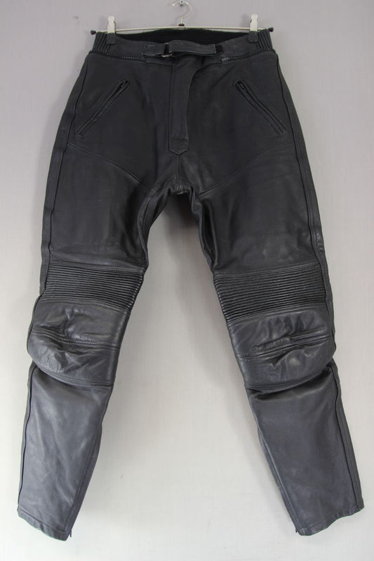 RICHA BLACK LEATHER BIKER TROUSERS: SIZE 14/WAIST 30 INCHES/INSIDE LEG 29 INCHES