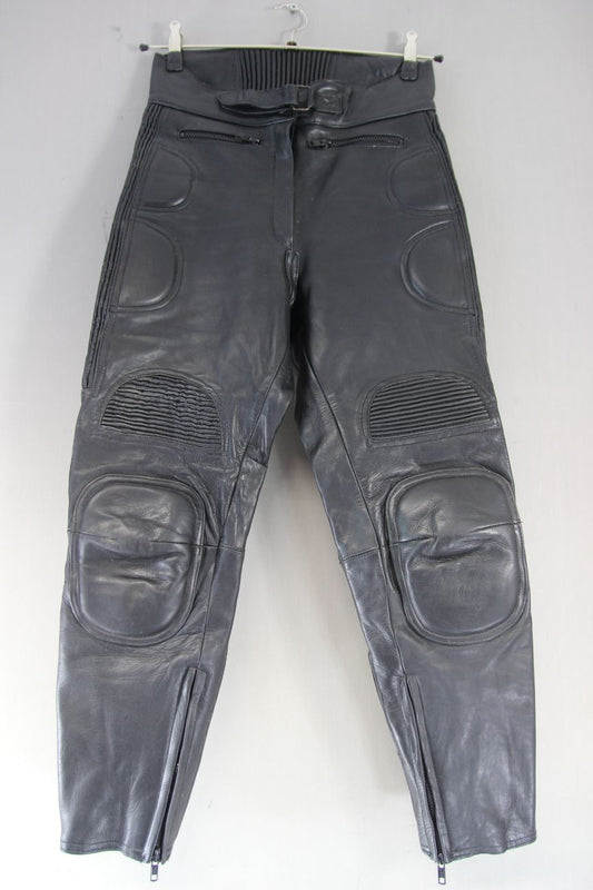 J&S BLACK LEATHER BIKER TROUSERS SIZE 12: WAIST 28"/INSIDE LEG 25.5" (SHORT FIT)