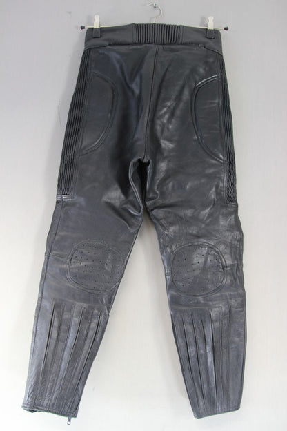 J&S BLACK LEATHER BIKER TROUSERS SIZE 12: WAIST 28"/INSIDE LEG 25.5" (SHORT FIT)