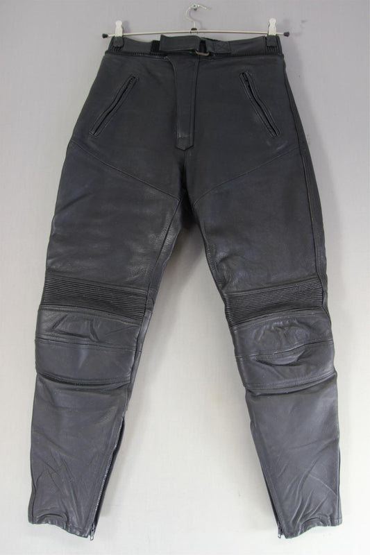 RICHA BLACK LEATHER BIKER TROUSERS: SIZE 12/WAIST 30 INCHES/INSIDE LEG 28.5 INCH
