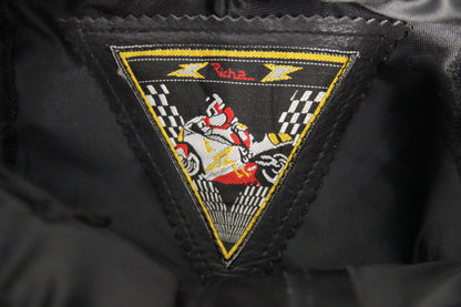 RICHA BLACK LEATHER BIKER TROUSERS: SIZE 12/WAIST 30 INCHES/INSIDE LEG 28.5 INCH