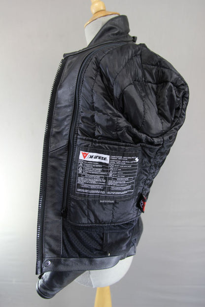 DAINESE BLACK & SILVER LEATHER BIKER JACKET WITH CE ARMOUR & THERMAL LINING 32IN
