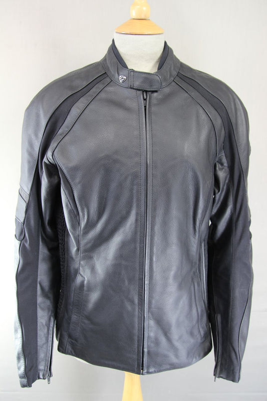 TRIUMPH LADIES BLACK LEATHER BIKER JACKET WITH CE ARMOUR SIZE L/G 38 INCH CHEST