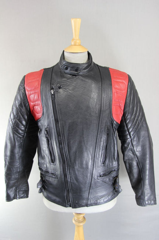 VINTAGE 1970'S/80'S BLACK & RED COWHIDE LEATHER NICE OF LONDON BIKER JACKET 40IN