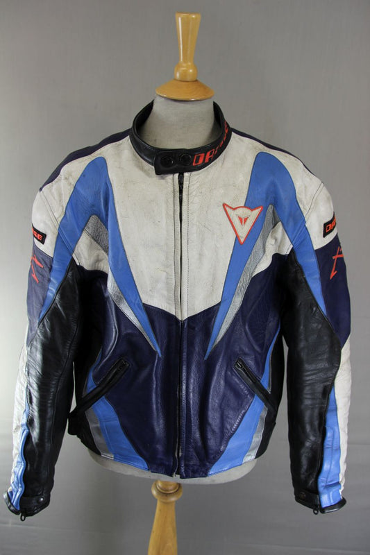 DAINESE BLUE, WHITE & SILVER LEATHER RACING/SPORTS BIKER JACKET + CE ARMOUR 46IN
