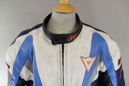 DAINESE BLUE, WHITE & SILVER LEATHER RACING/SPORTS BIKER JACKET + CE ARMOUR 46IN