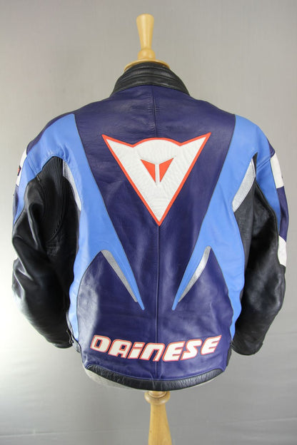DAINESE BLUE, WHITE & SILVER LEATHER RACING/SPORTS BIKER JACKET + CE ARMOUR 46IN