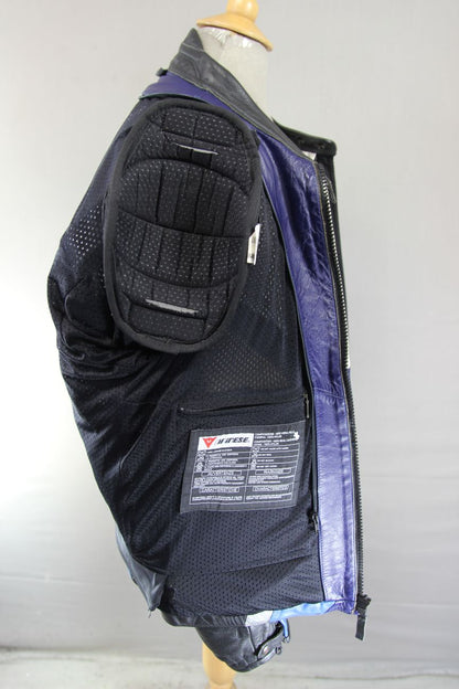 DAINESE BLUE, WHITE & SILVER LEATHER RACING/SPORTS BIKER JACKET + CE ARMOUR 46IN
