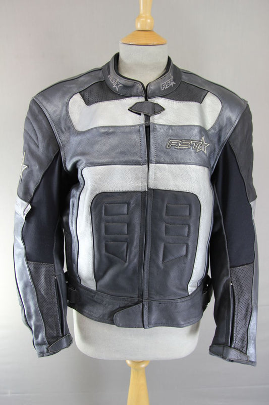 RST BLACK, SILVER & WHITE LEATHER BIKER JACKET + SHOULDER/ELBOW ARMOUR: SIZE 16