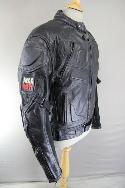 MAX MPH BLACK LEATHER BIKER JACKET WITH BACK, SHOULDER & ELBOW CE ARMOUR 40 INCH