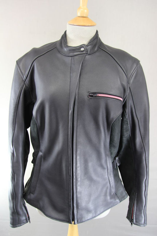 HEIN GERICKE BLACK LEATHER & SUEDE BIKER JACKET WITH REMOVABLE CE ARMOUR SIZE 16